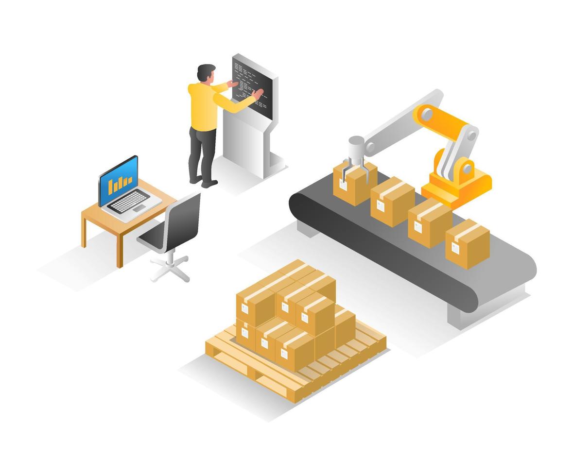 Flat isometric illustration concept. operator controlling cardboard packaging machine vector