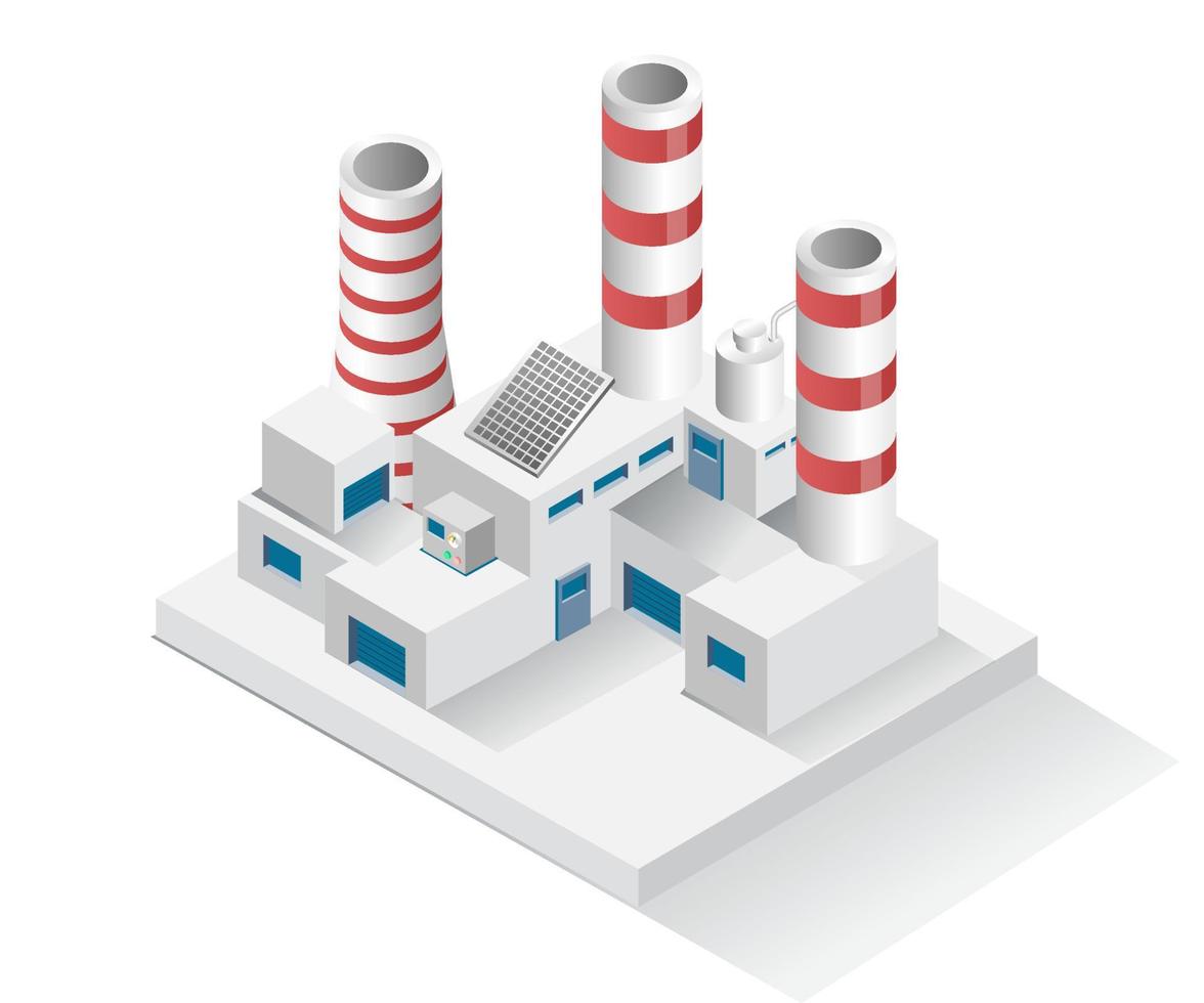 ilustración del concepto de diseño isométrico. naves industriales con chimeneas equipadas con paneles solares vector