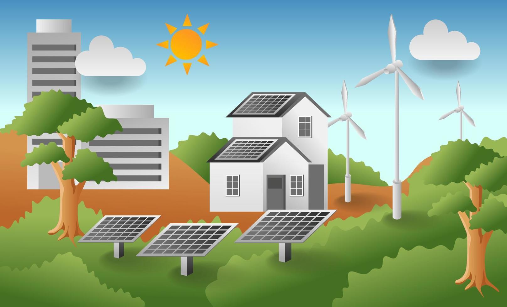 flat isometric illustration concept. solar panel energy scenery for industrial and home living vector