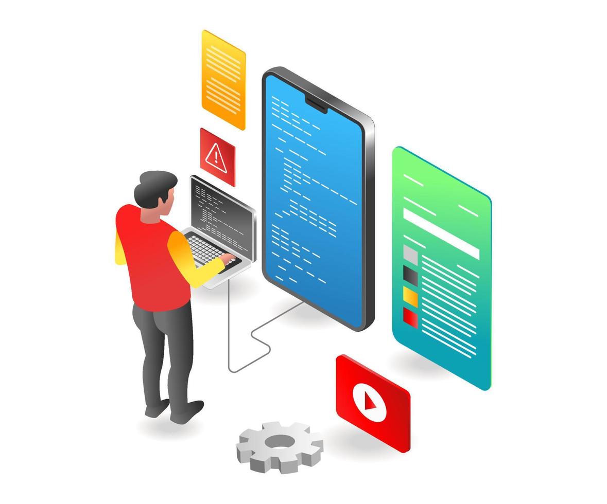 Flat isometric illustration concept. a layout programmer at work vector