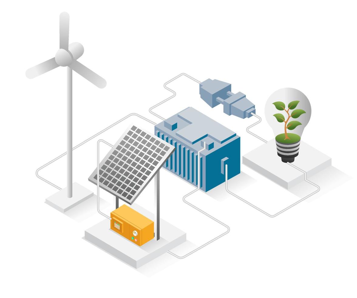 Flat isometric illustration concept. solar panels and windmills energy vector