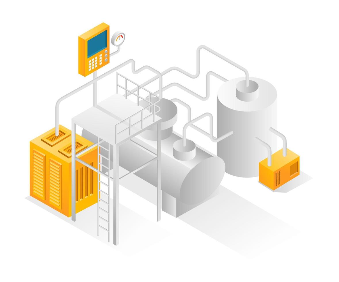 Flat isometric illustration concept. tanks with pipelines and bio gas industrial machinery vector