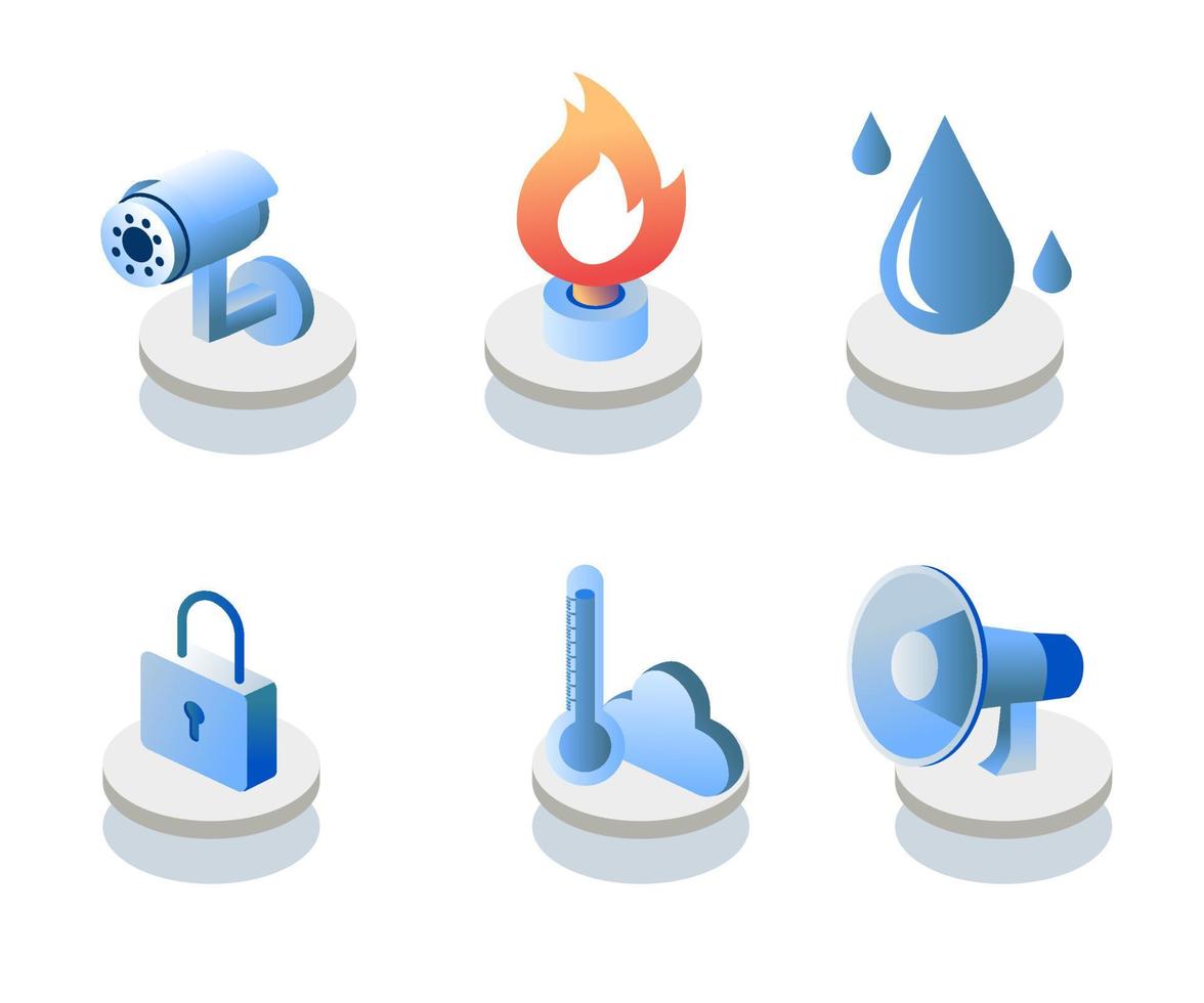 Isometric flat illustration concept. cctv camera sensor icon, lpg gas, temperature, megaphone, padlock vector