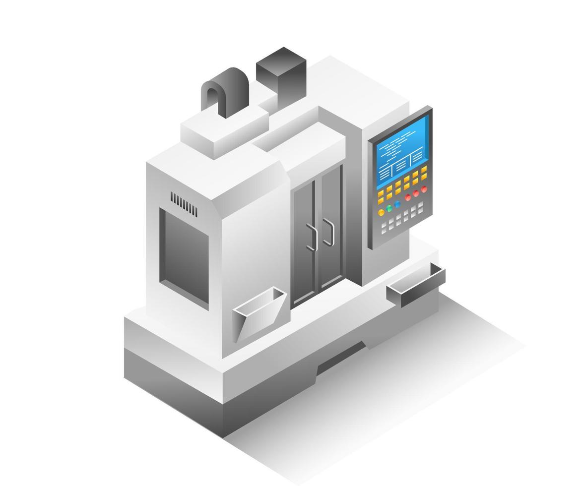 concepto de ilustración isométrica plana. programación de fresadoras cnc vector