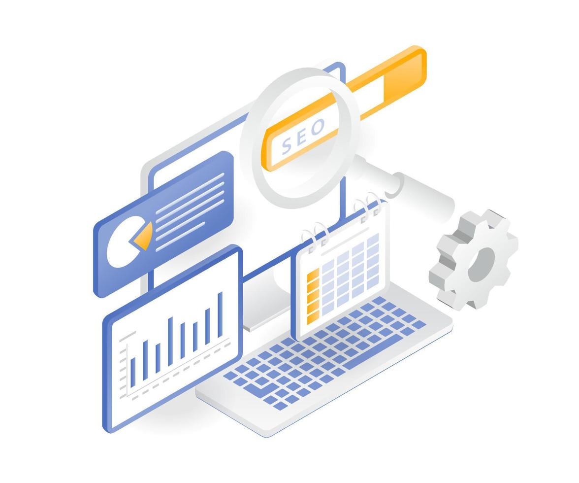 Flat isometric illustration concept. web seo optimization analysis vector