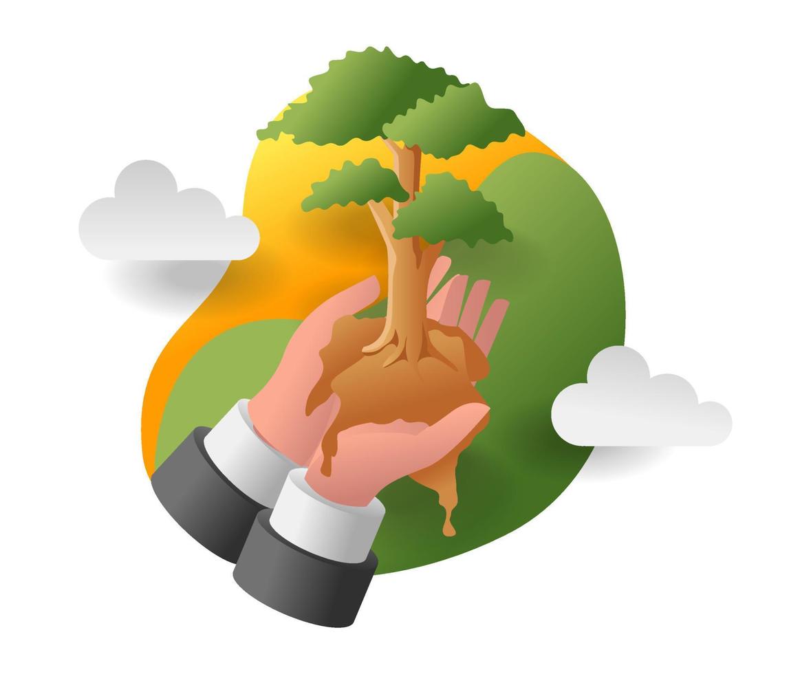 flat isometric illustration concept. hand lifting green tree vector