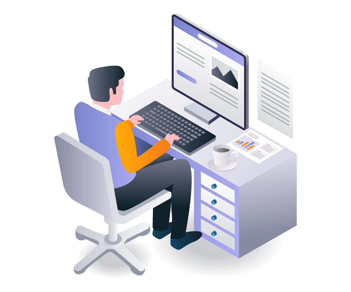 Flat isometric illustration concept. man working on computer vector