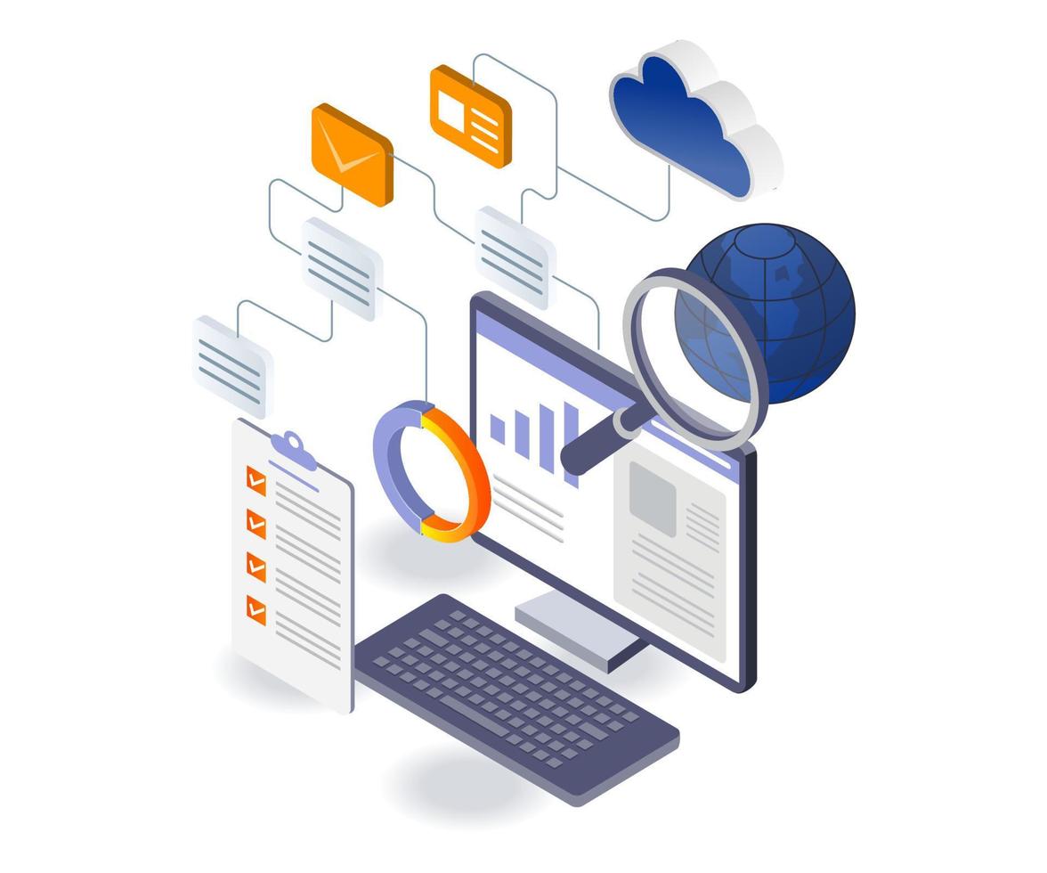 realice un seguimiento de su negocio analizando el concepto de ilustración isométrica plana de datos. el proceso de envío de datos entre el mundo vector