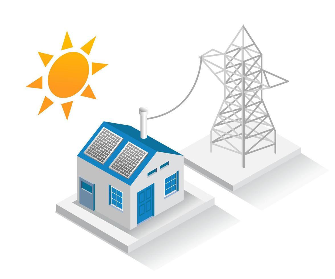 ilustración del concepto de diseño isométrico. construir casas con energía eléctrica y paneles solares vector