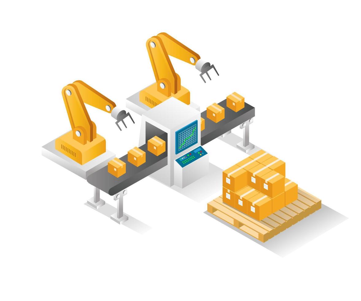 Flat isometric concept illustration. cardboard box packing machine vector