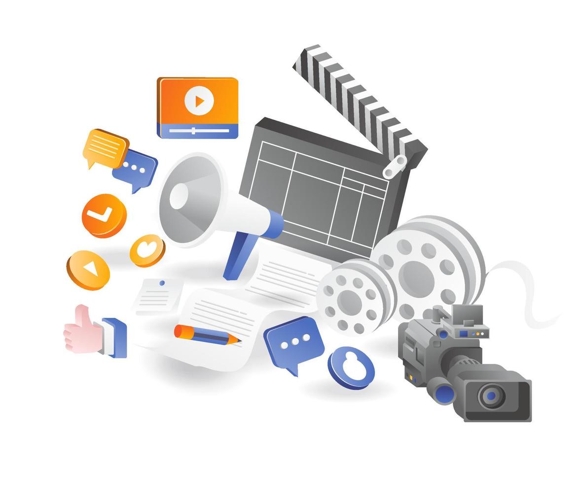 concepto de ilustración isométrica plana. un conjunto de herramientas de videografía para marketing en redes sociales y blogs vector