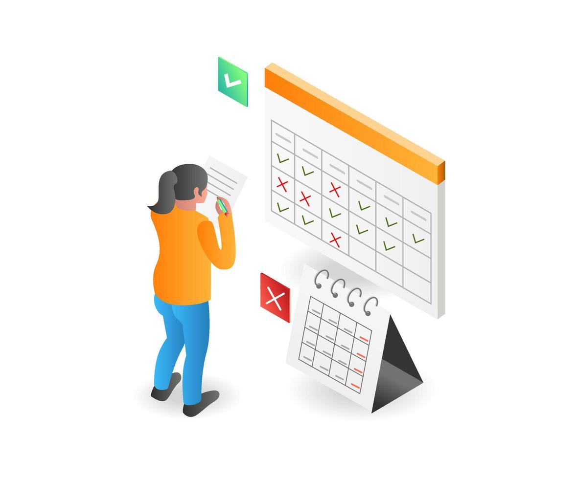 Flat isometric illustration concept. girl marking calendar for business plan vector