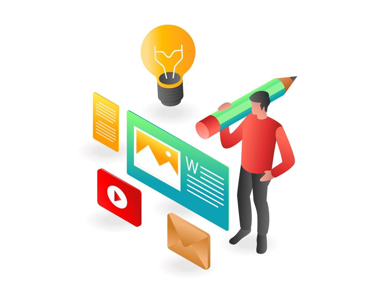 Flat isometric illustration concept. man pours creative ideas on a work vector