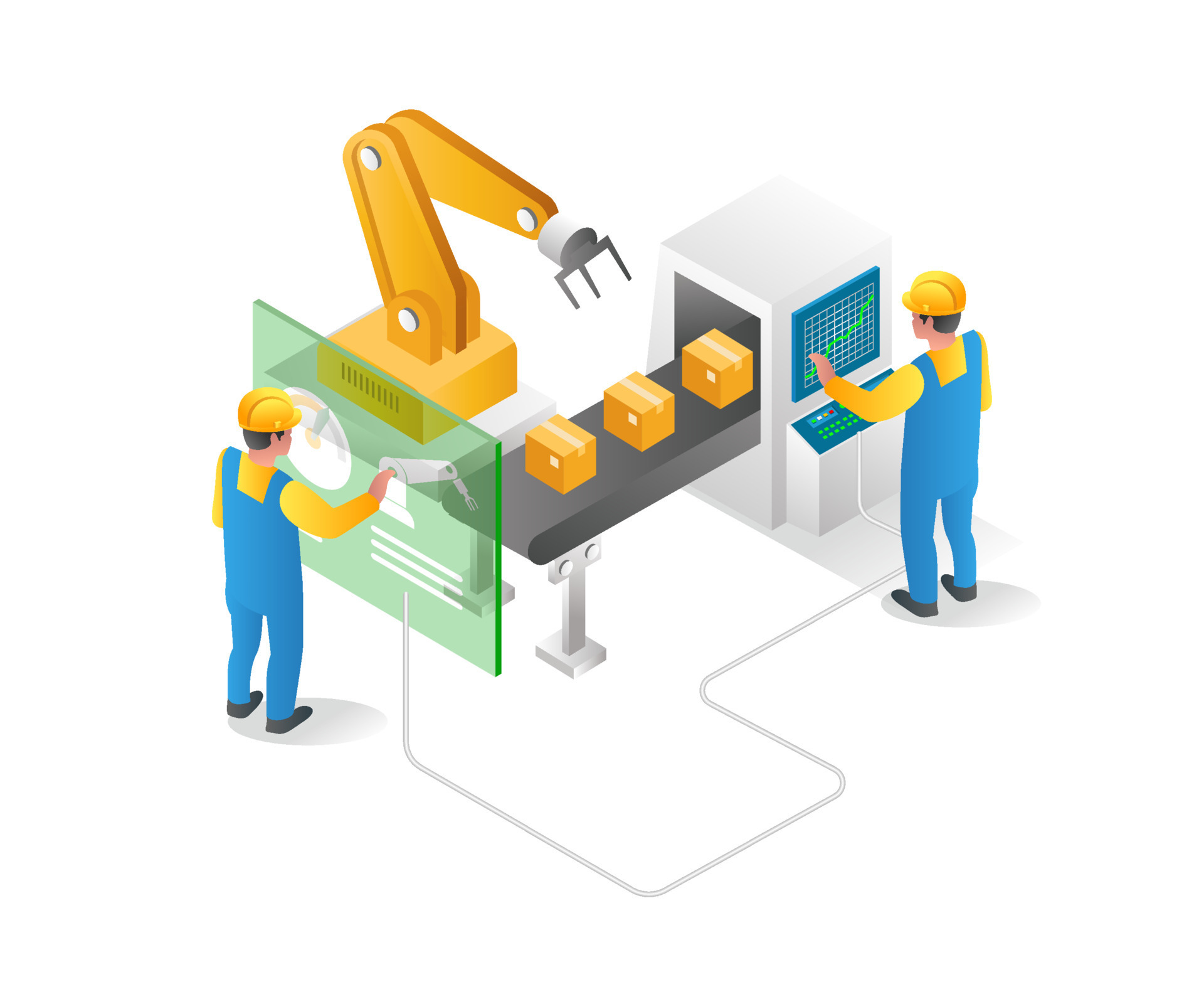 Flat isometric concept illustration. cardboard packaging operator 7885680 Vector Art at Vecteezy