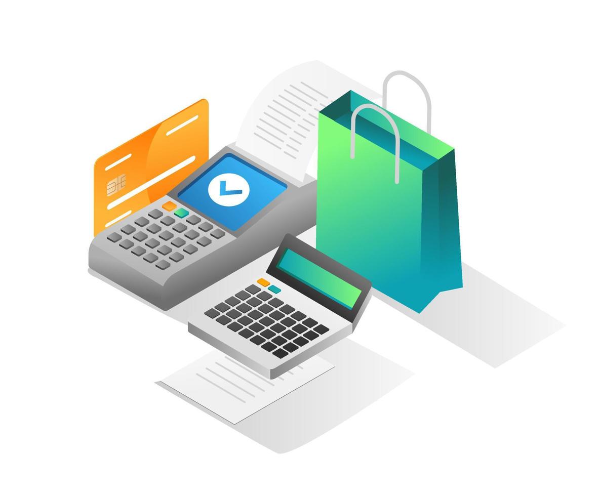 Flat isometric illustration concept. online shopping and payment at e-commerce store vector