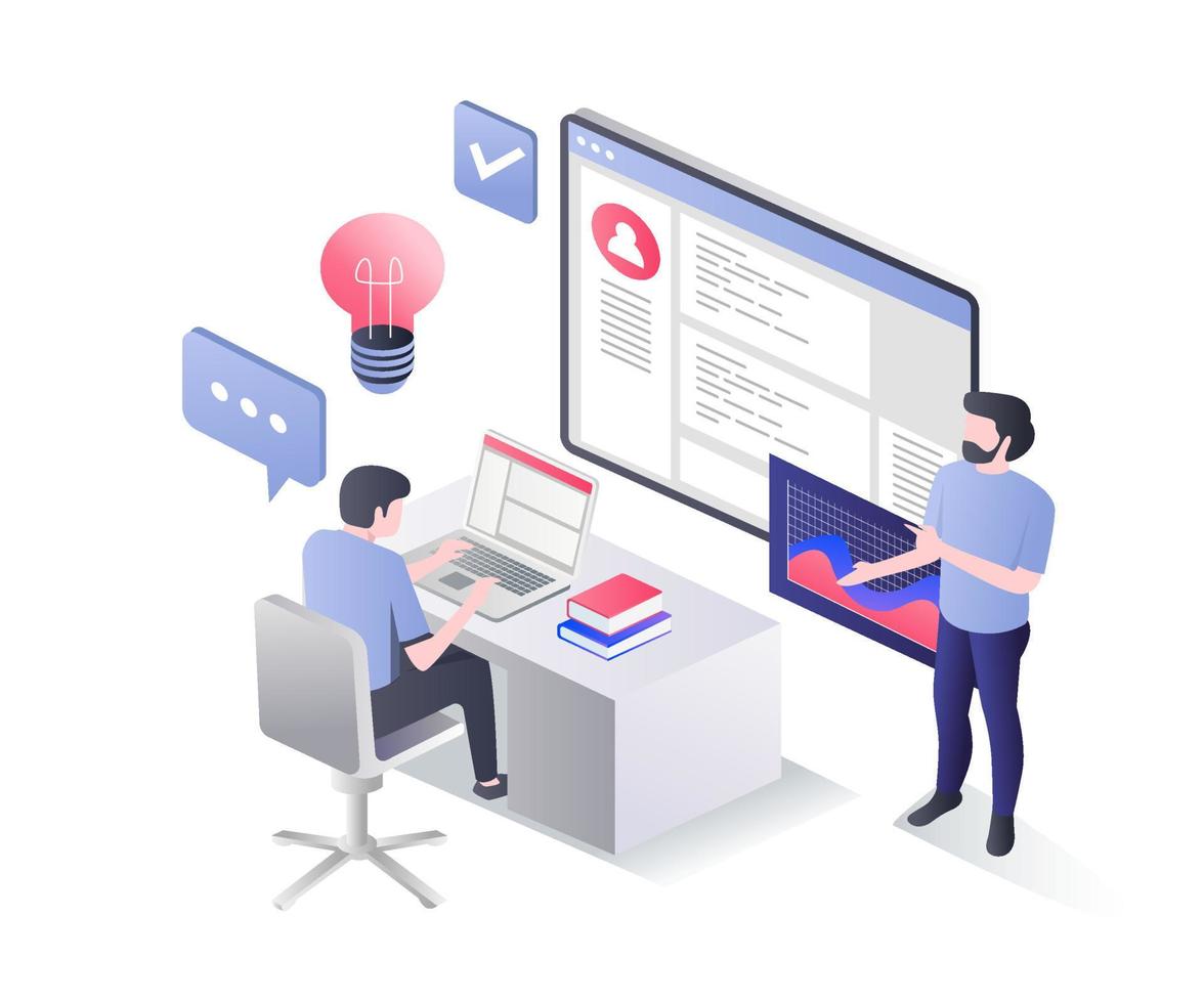 Isometric flat illustration concept. man copying lessons on monitor vector
