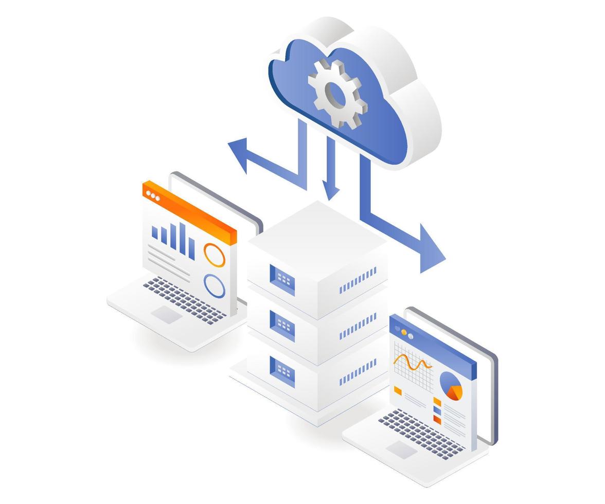 Flat isometric illustration concept. cloud server maintenance process vector