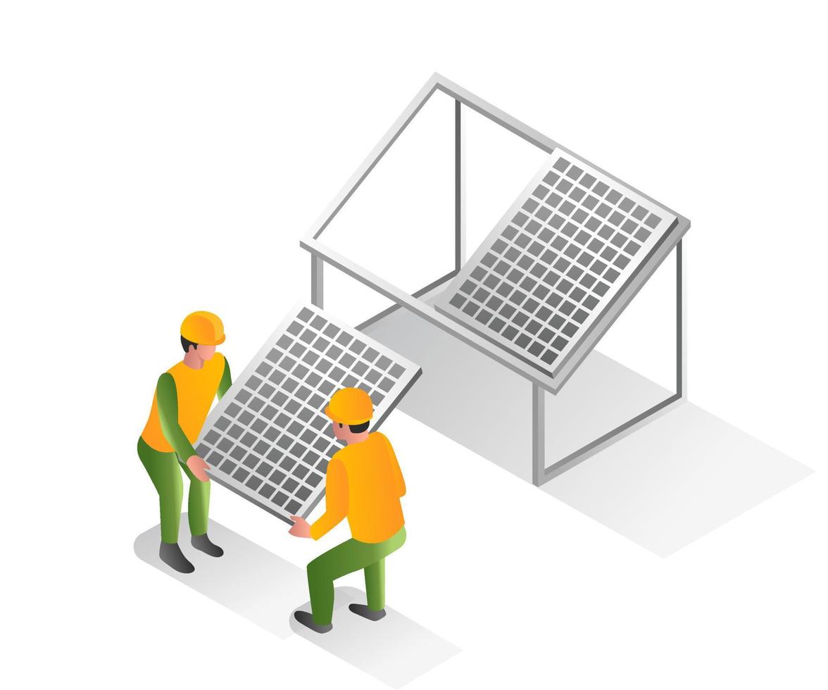 Isometric design concept illustration. two men installing solar panels vector