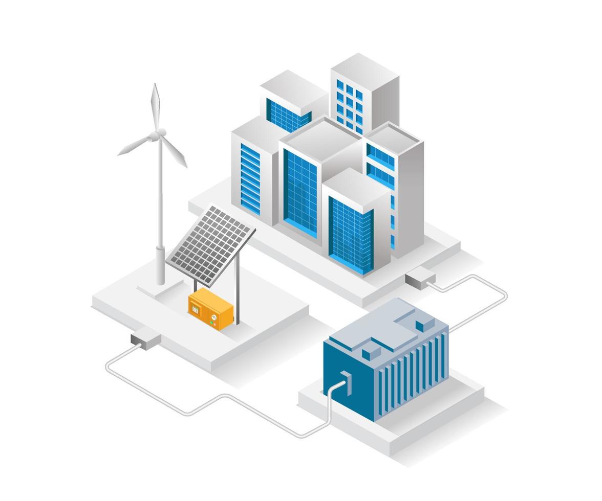 ilustración de concepto isométrico plano. edificio de la ciudad con paneles de almacenamiento de energía solar vector