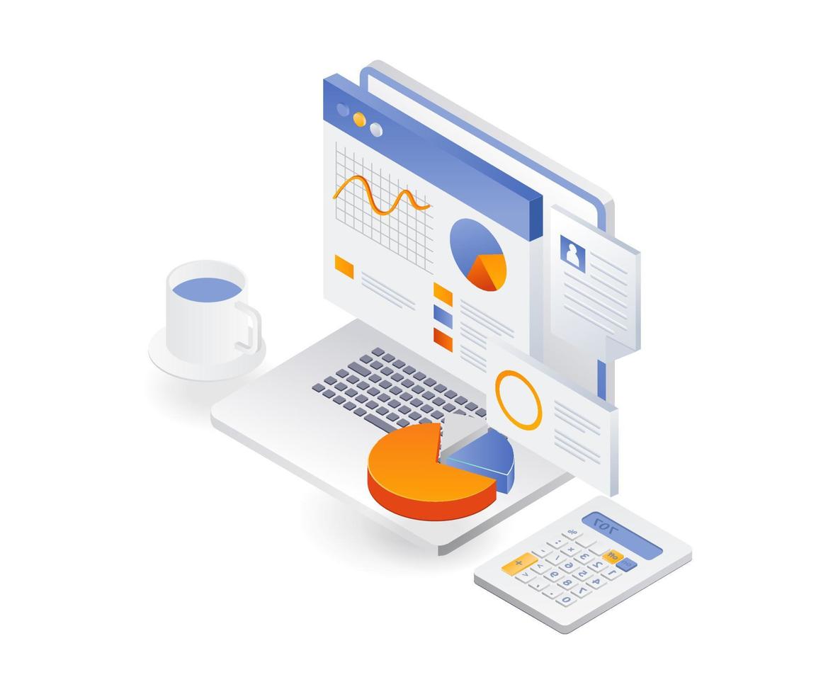 concepto de ilustración isométrica plana. análisis de datos informáticos vector