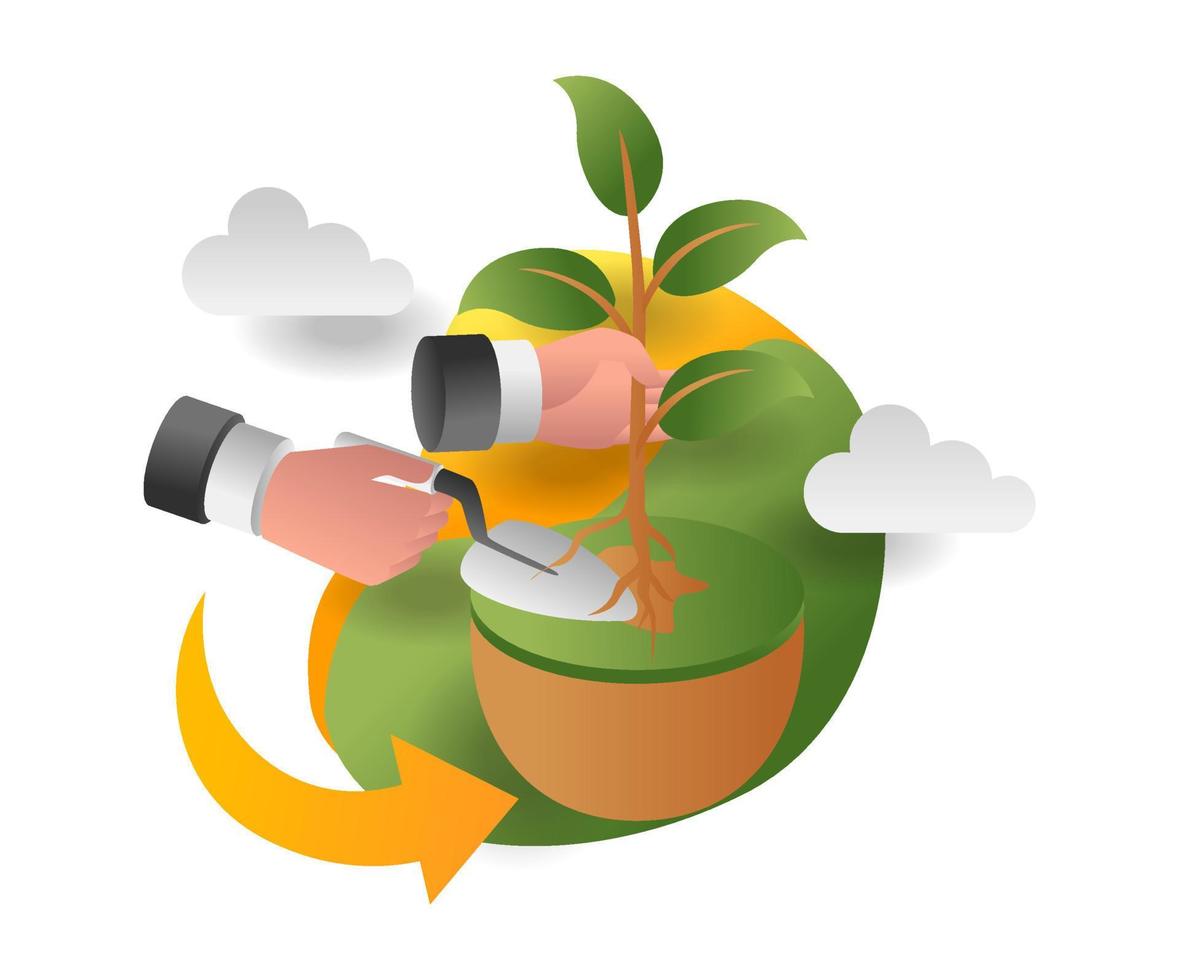 flat isometric illustration concept. hand planting tree in green soil vector