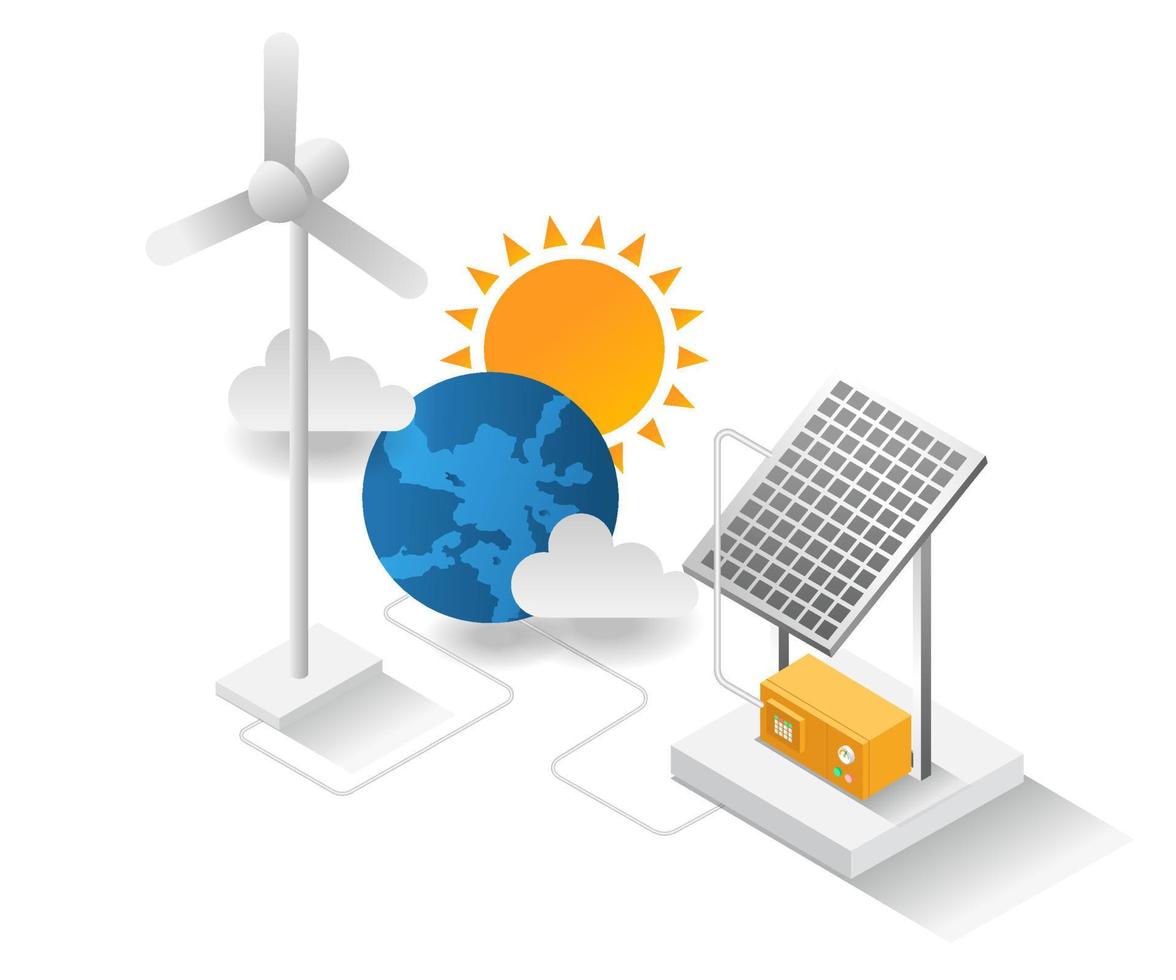 Flat isometric illustration concept. Earth with solar panels and windmills vector