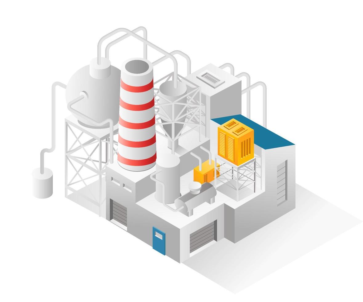 concepto de ilustración isométrica plana. máquina industrial de petróleo y gas con muchos tanques y tuberías vector