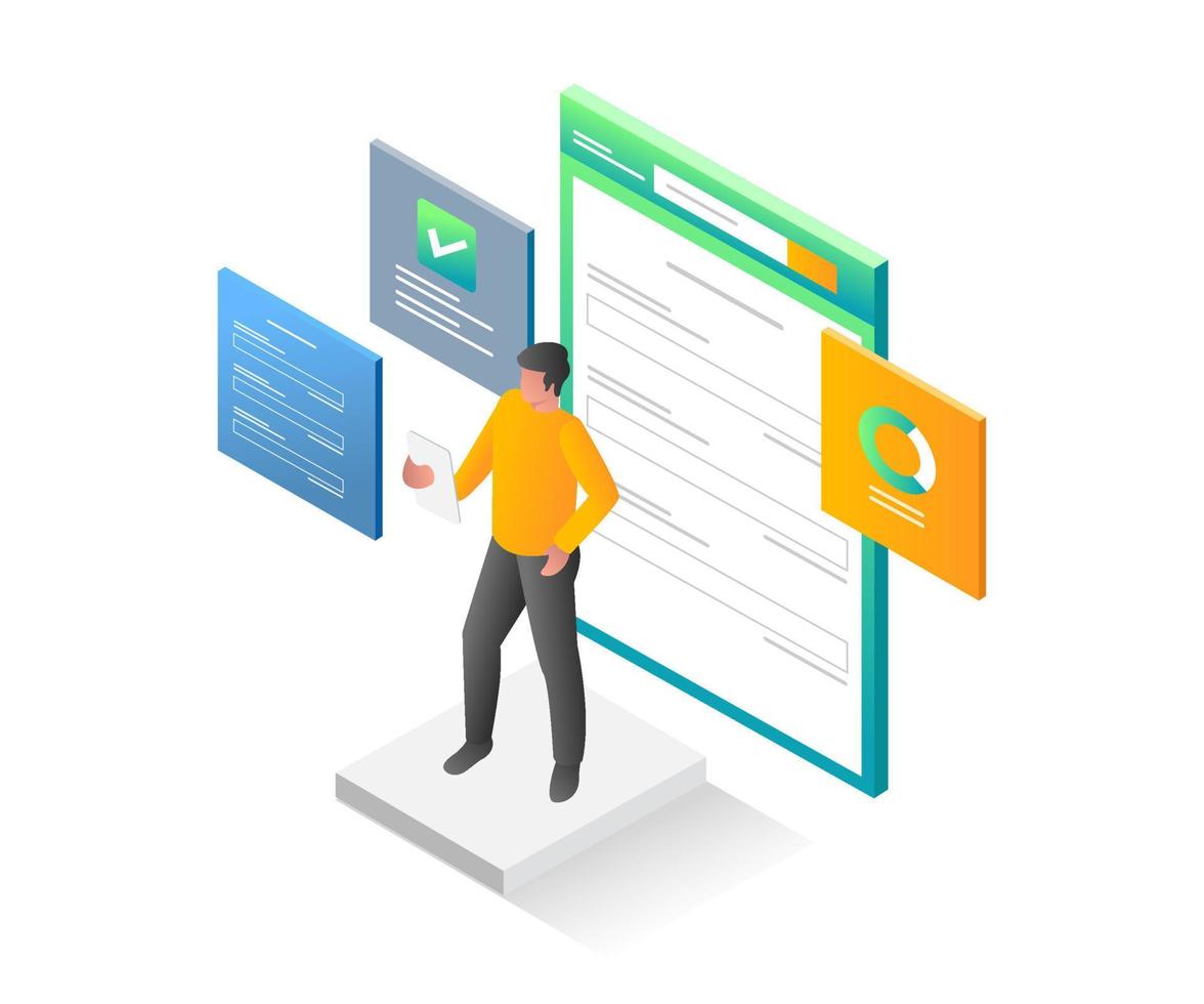 Flat isometric illustration concept. man filling out a registration form with a smartphone vector