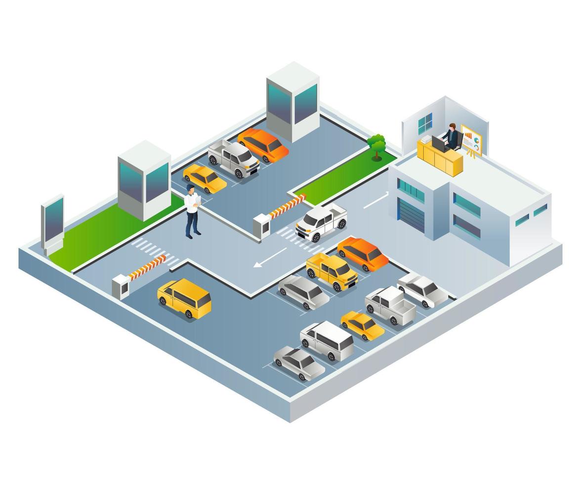 concepto de ilustración isométrica plana. trabajadores de oficina y asistentes de estacionamiento vector