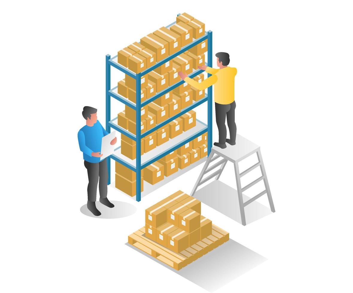 Flat isometric illustration concept. two men stacking things on a warehouse shelf vector