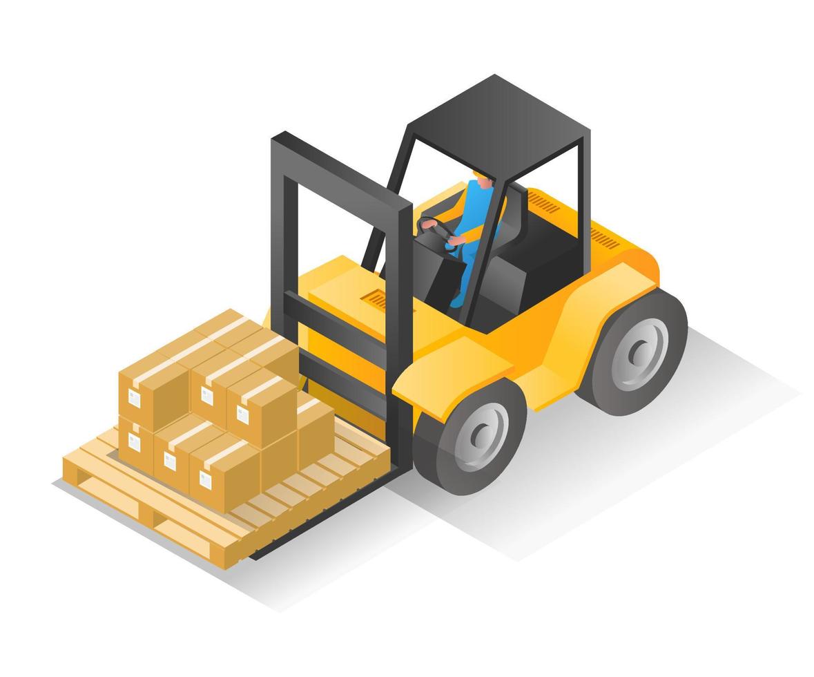 Flat isometric illustration concept. man lifting goods with forklift vector