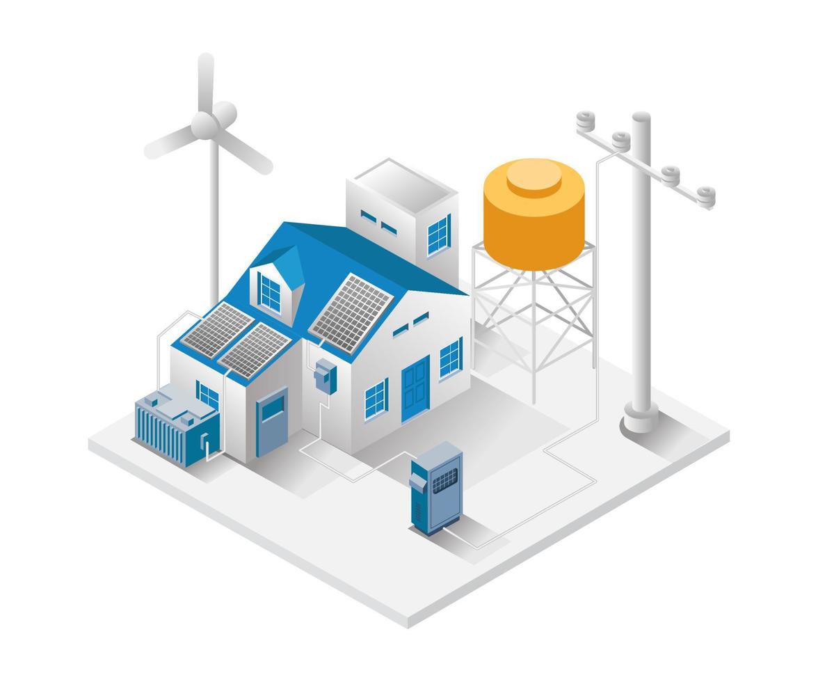 ilustración de concepto isométrico plano. casa con electricidad de panel solar vector