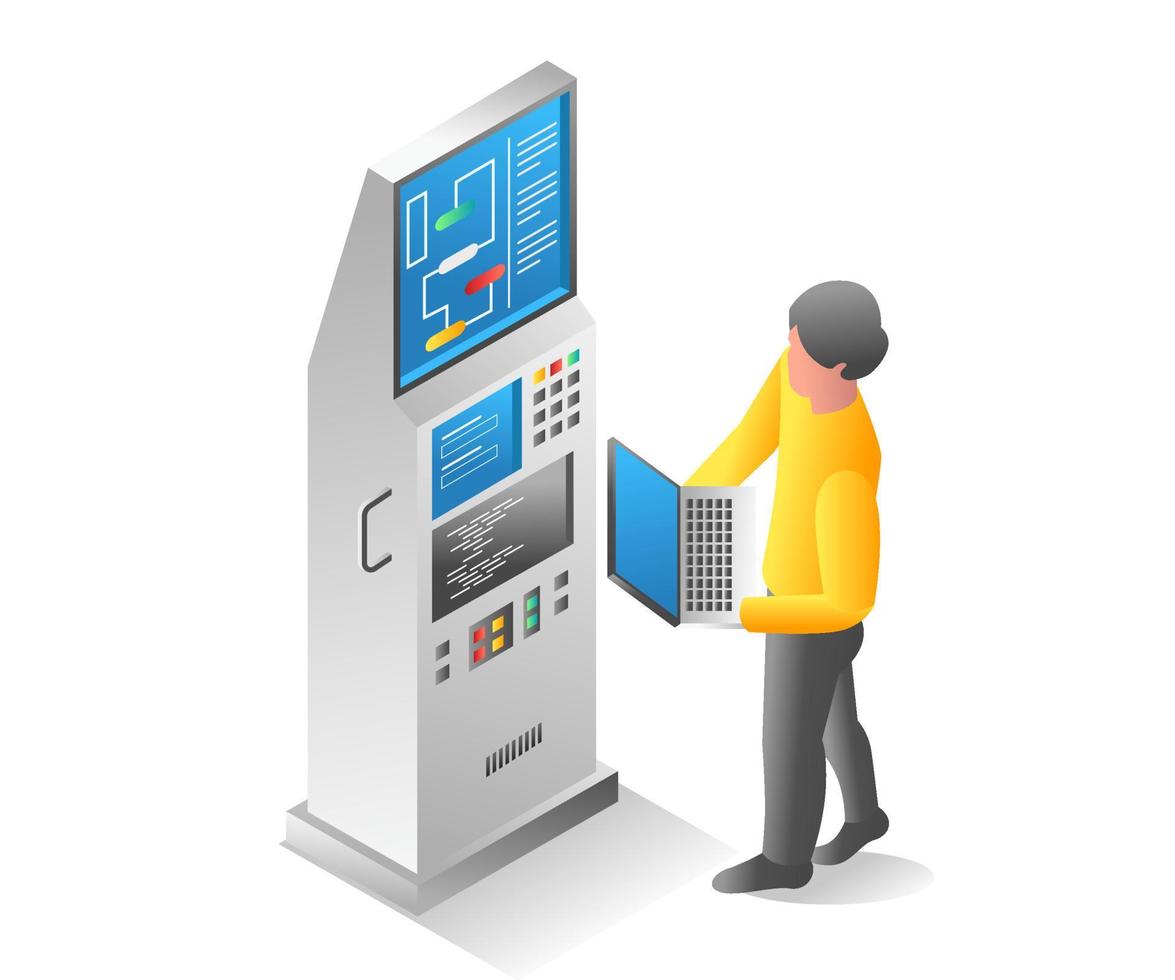 Flat isometric illustration concept. operator controlling cnc machine with program language vector