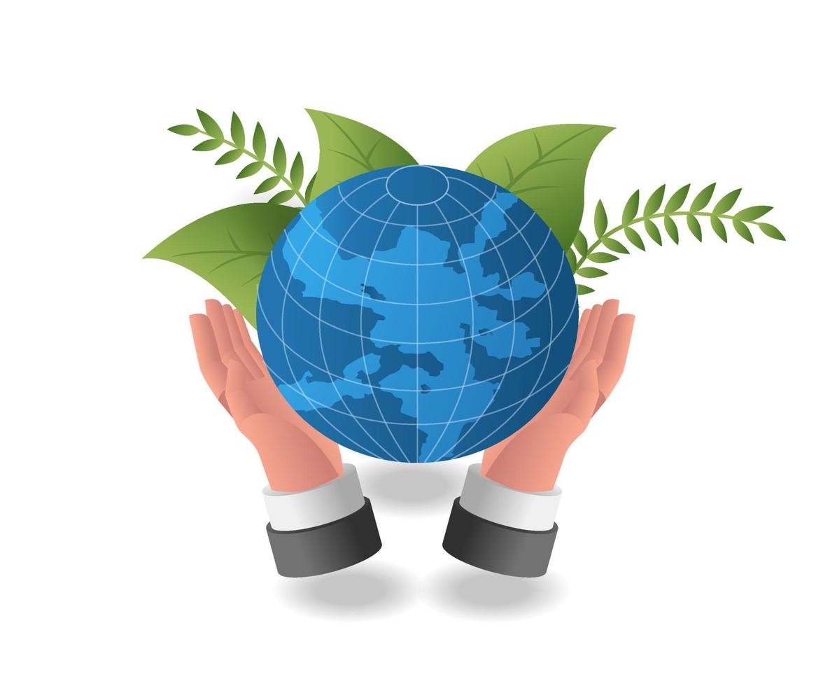 Isometric design concept illustration. two hands raised green world vector