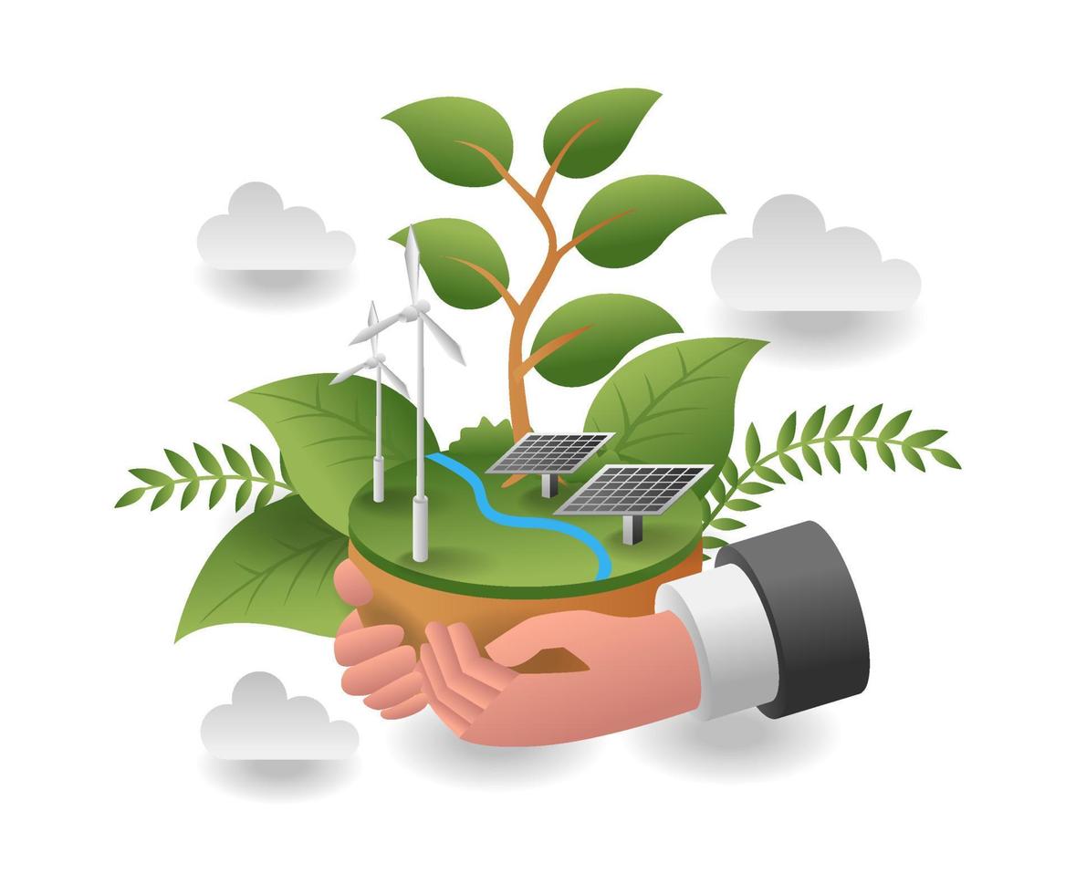 flat isometric illustration concept. hands holding green soil with solar panels and windmill vector