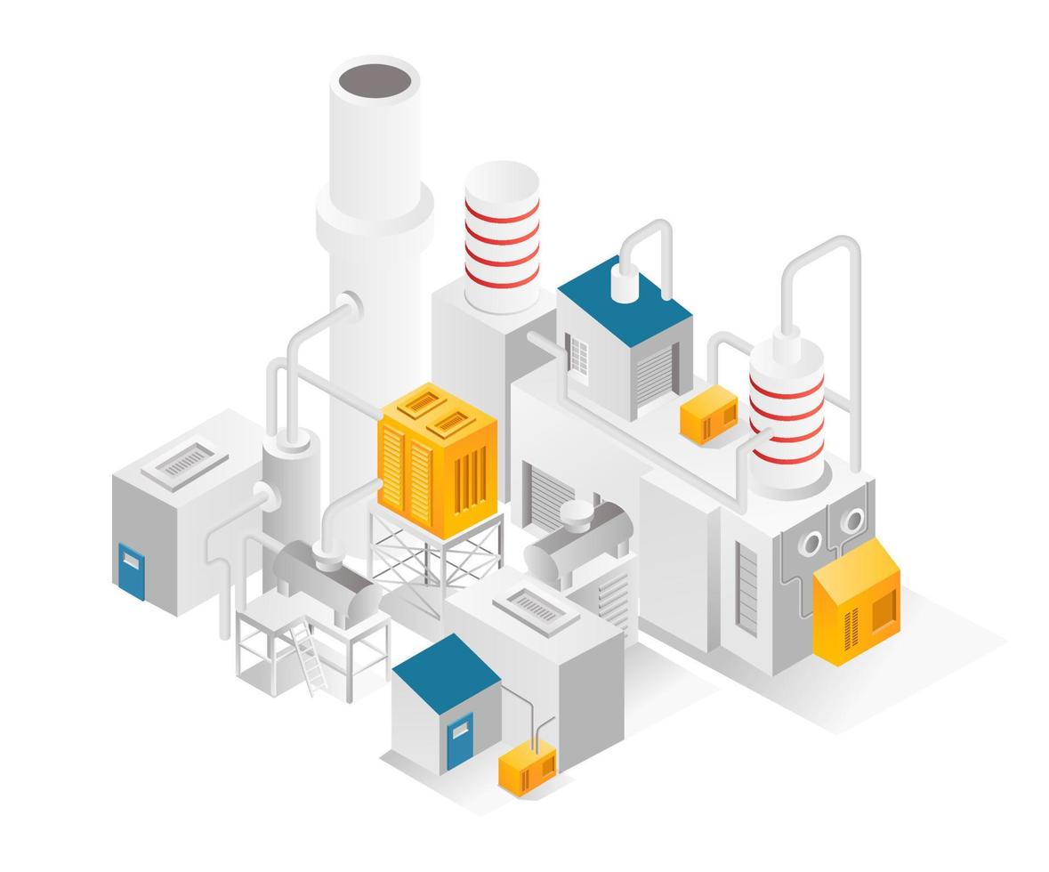 Flat isometric illustration concept. oil and gas industry with chimneys and pipelines vector