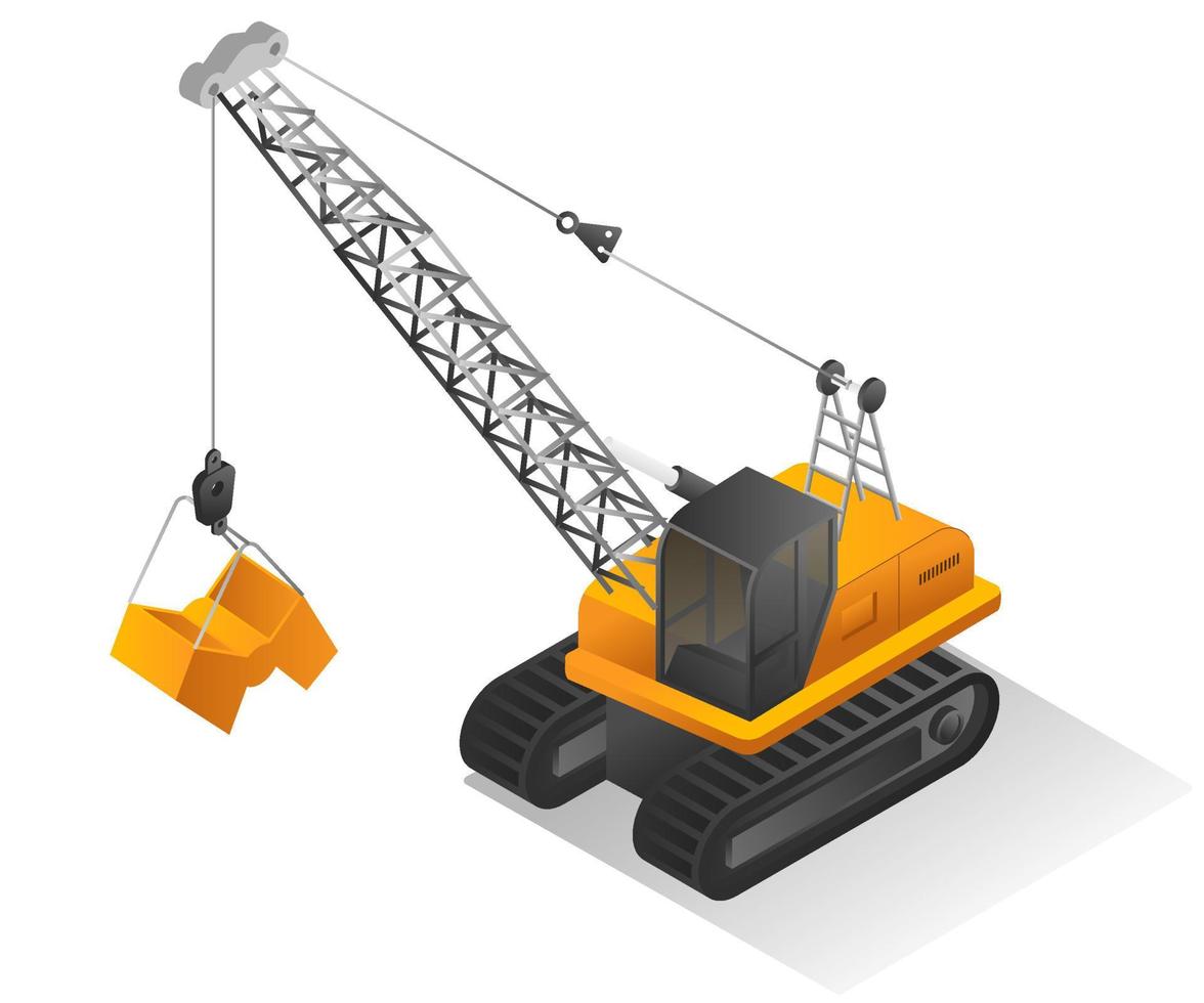 Isometric illustration design concept. truck tower crane excavator vector