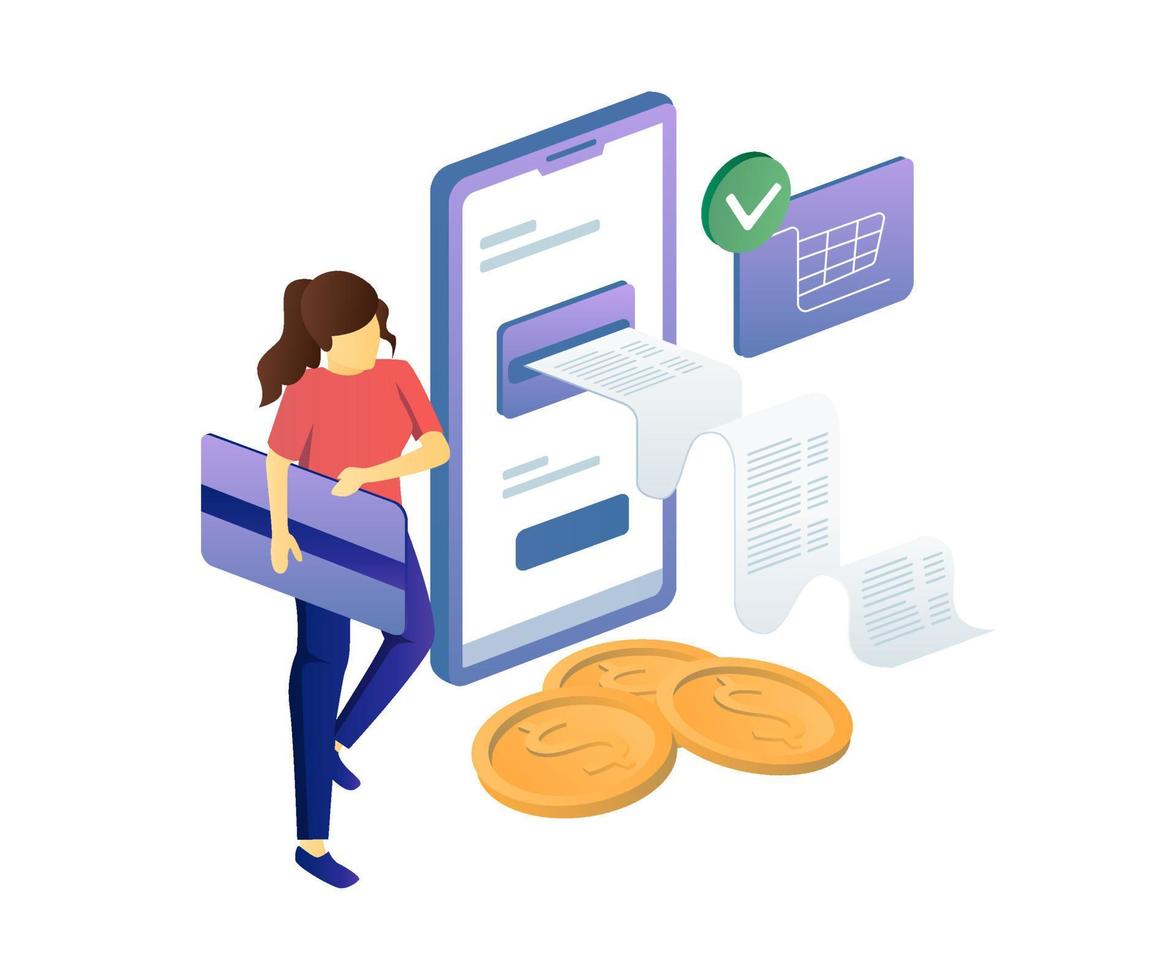 Isometric flat illustration concept. girl holding atm card for online payment vector
