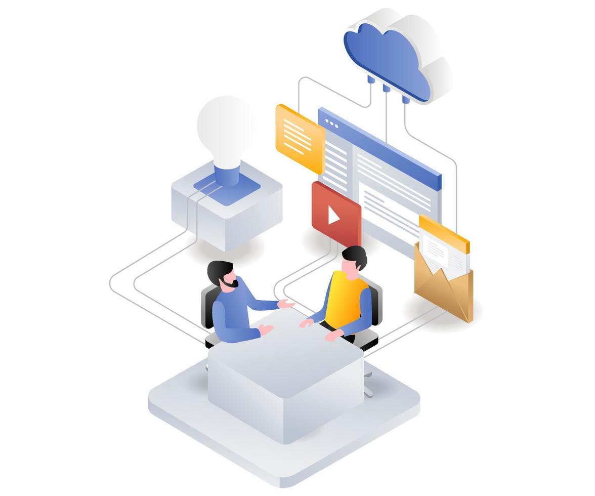 Flat isometric illustration concept. the team is discussing and consulting about cloud servers vector