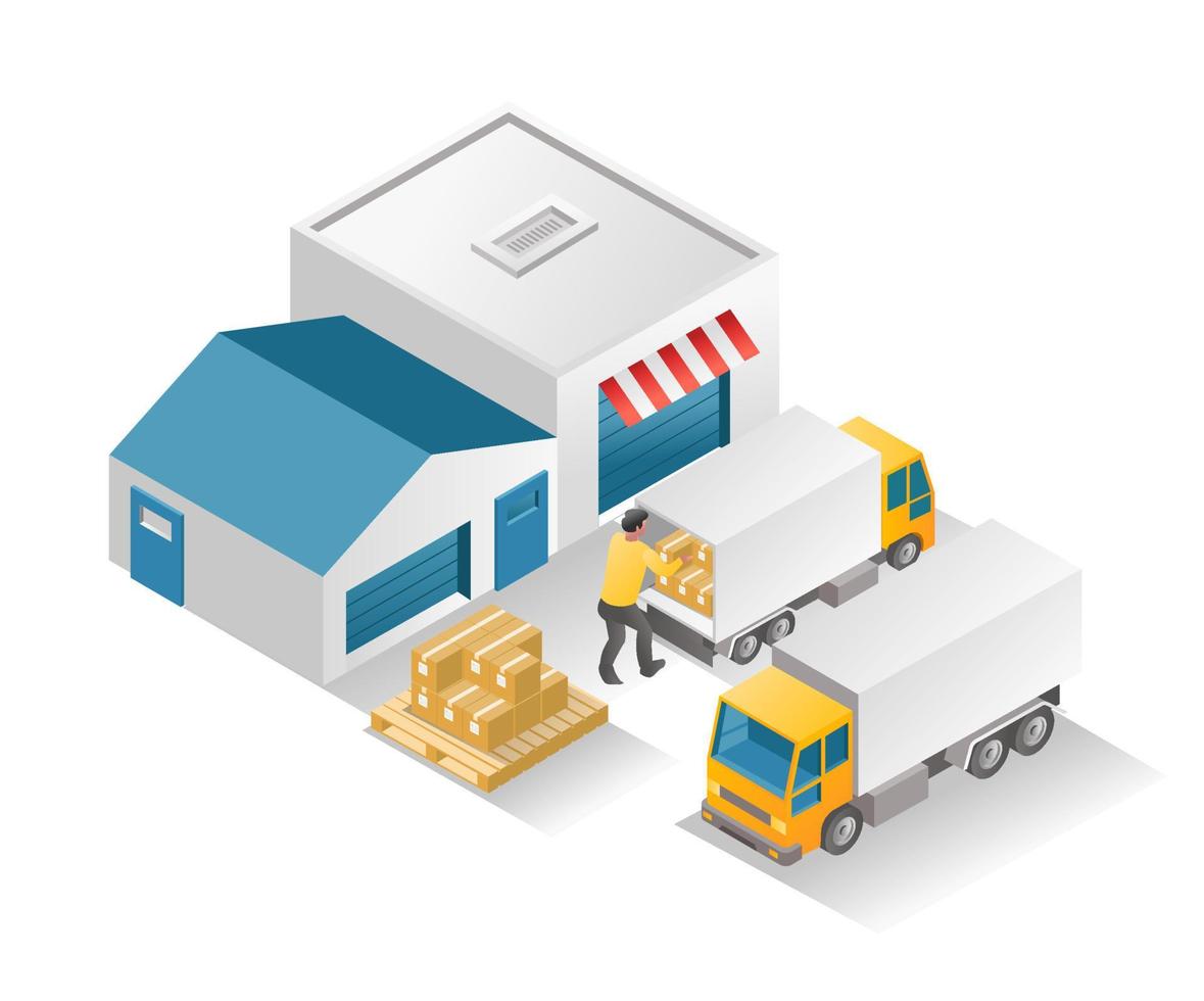 Flat isometric illustration concept. arrange stock items in trucks and then deliver vector