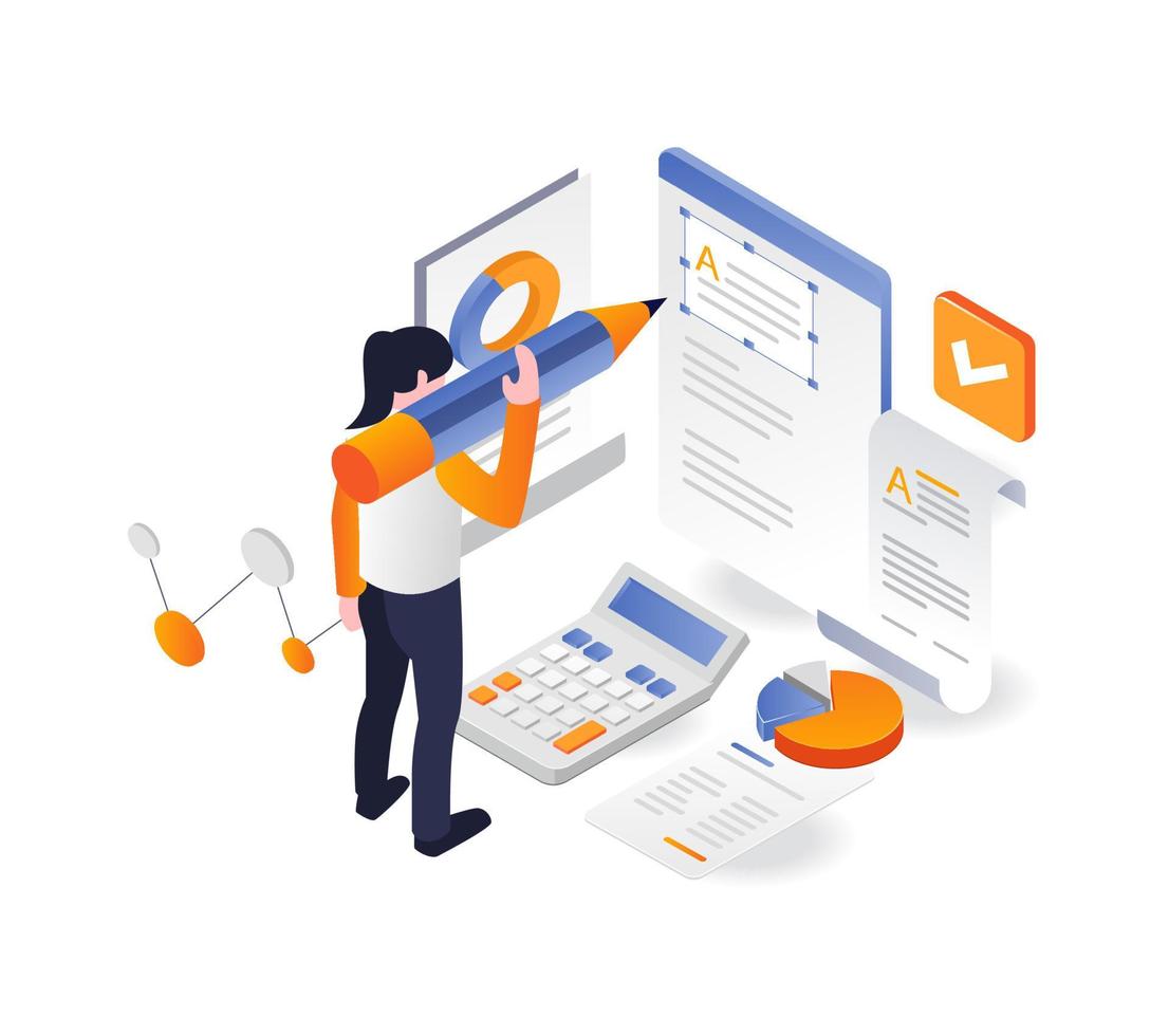 Flat isometric illustration concept. creative woman making blog design layout vector