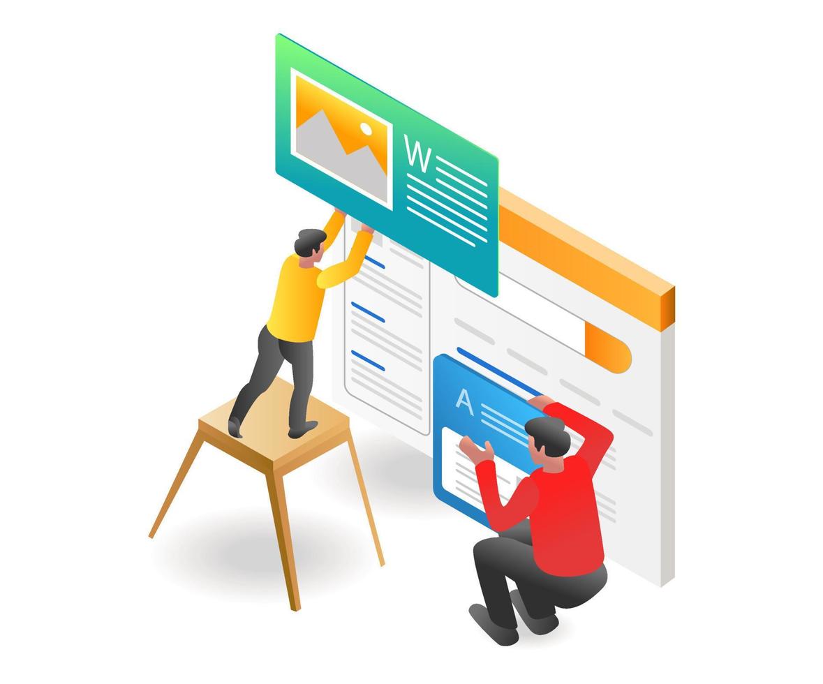 Flat isometric illustration concept. the creative team is working on a new website display vector