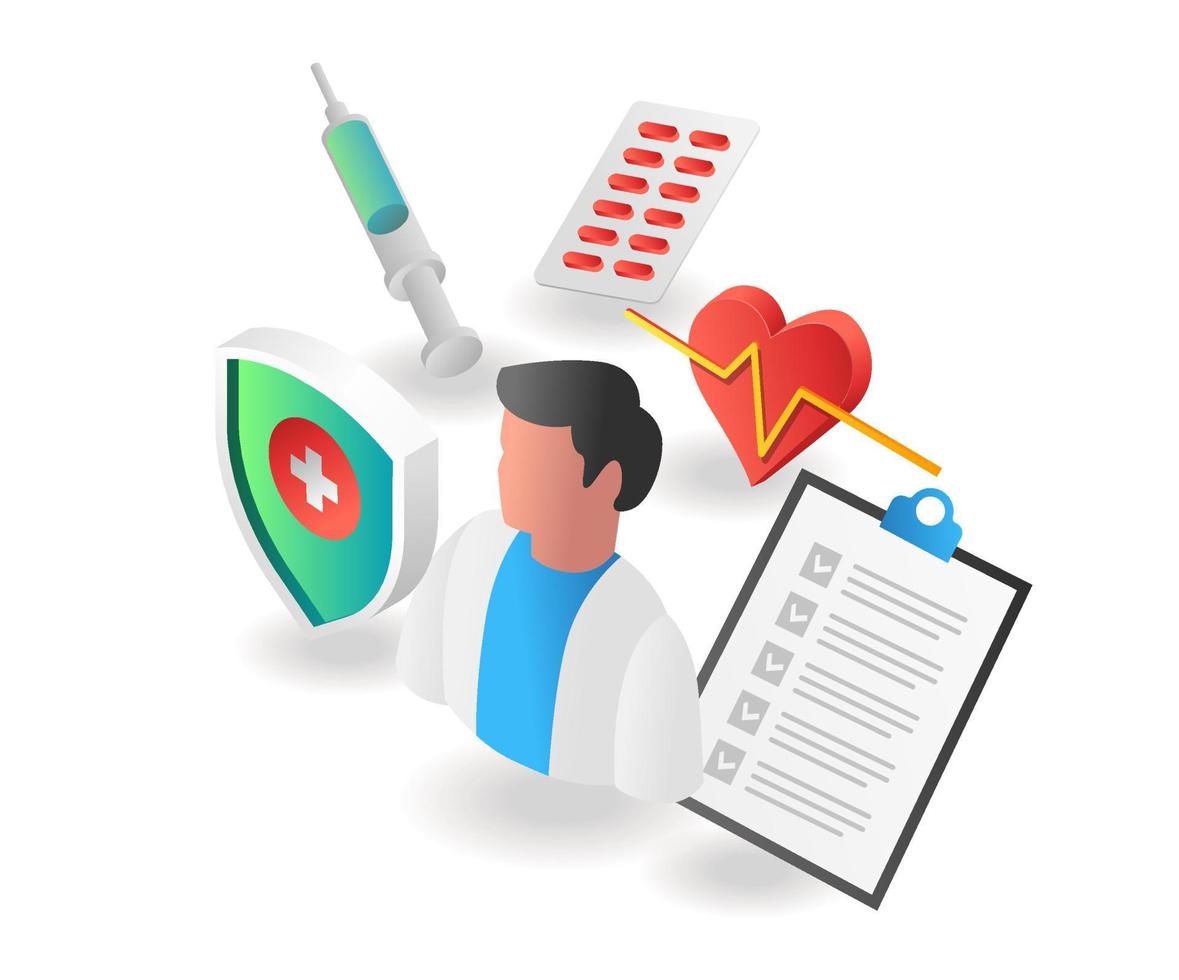 Flat isometric illustration concept. doctor for world health security vector