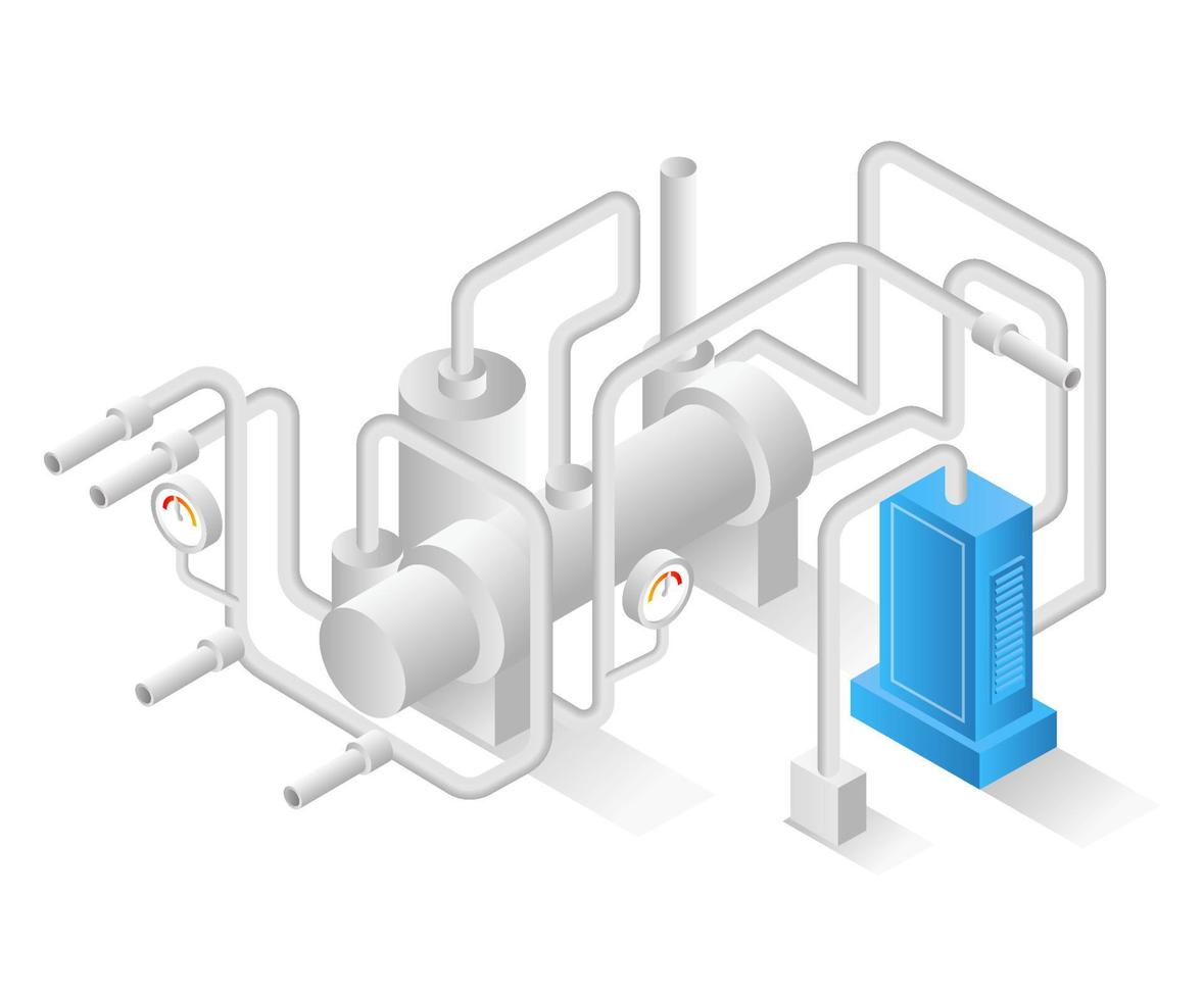 concepto de ilustración isométrica plana. industria del petróleo y el gas con tuberías y temperatura vector