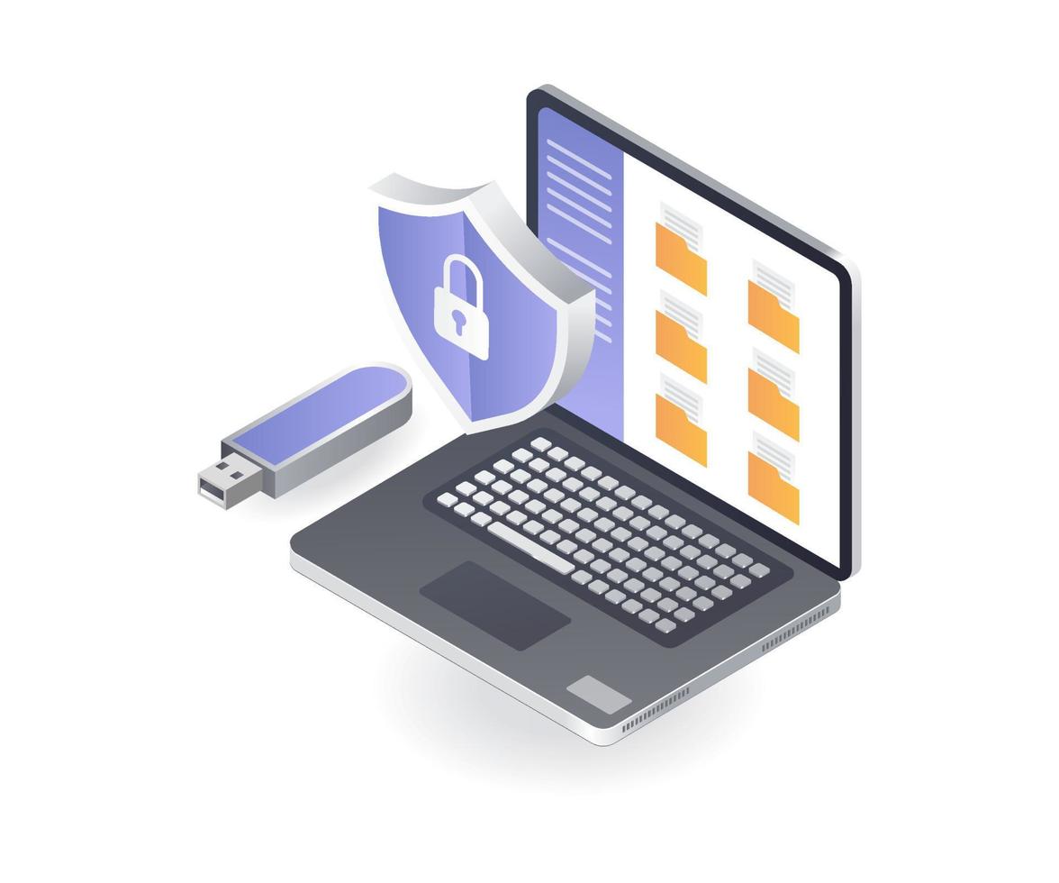 Flat isometric illustration concept. computer folder security anti virus vector