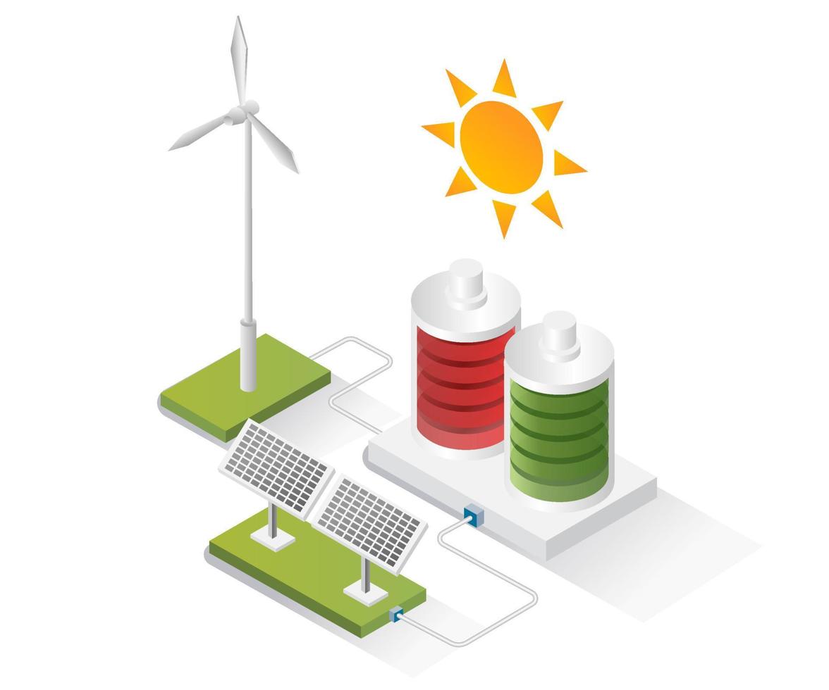 Isometric design concept illustration. batteries store energy from solar panels and windmills vector