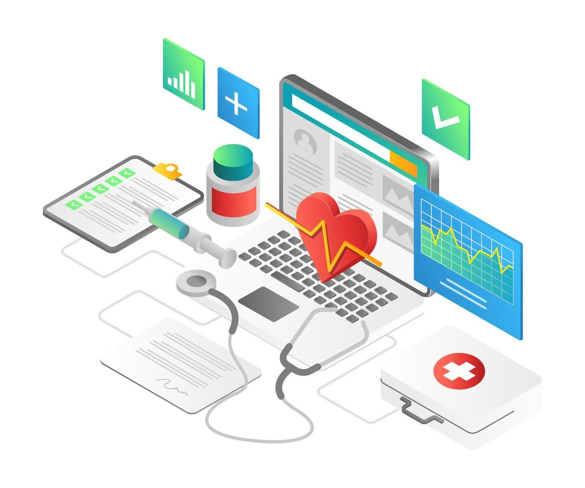 Flat isometric illustration concept. process health analysis data with digital vector