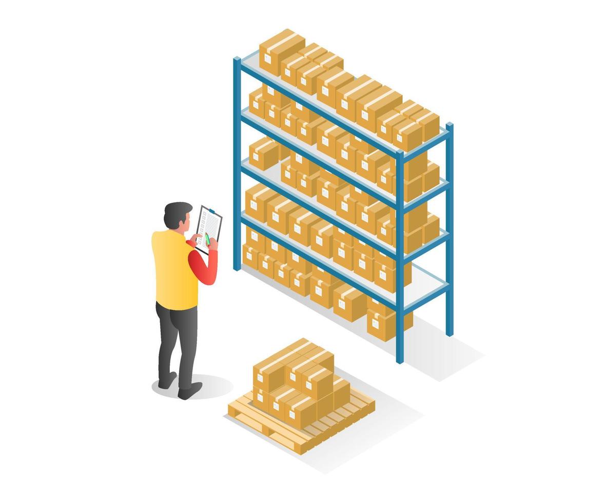 Flat isometric illustration concept. the man takes notes and checks the stock of goods in the warehouse vector