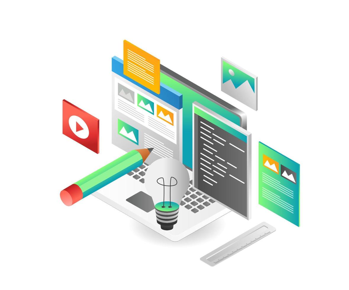 Flat isometric illustration concept. creative layout data portfolio and programmer vector