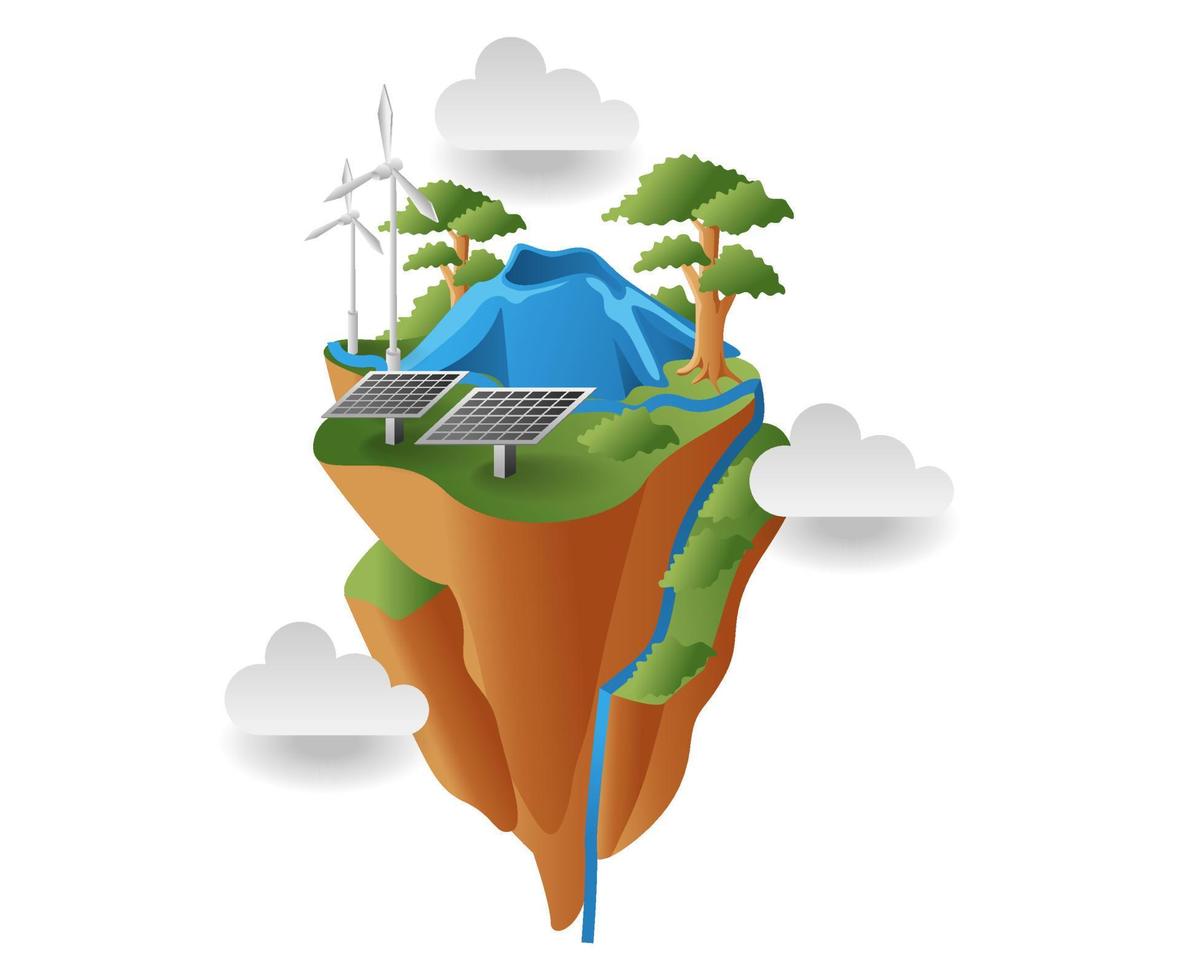 flat isometric illustration concept. mountain land with solar panel and windmill energy vector